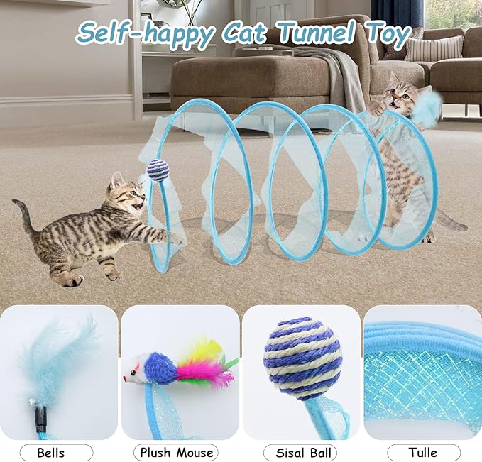 2 Packs Folded Cats Tunnel, Kitten Tunnel for Indoor Cats Collapsible Large Tubes Played Tunnel Spring Cute Foldable Pet Tunnel Bed Interactive Toy with Toys Feather Mouse Hemp Ball Blue