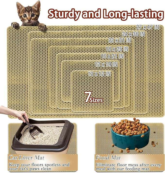 2025 𝗡𝗘𝗪 Waterproof Cat Litter Mat | Double Layer EVA, Odor-Free Large Grid | Urine Proof & Easy Cleanup | Soft on Paws | Versatile Design for Litter and Feeding (Khaki, 12×12)