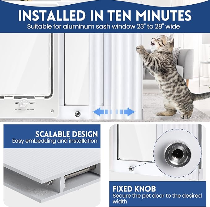 Aluminum Pet Door for Window, Width Adjustable to Fit Window Width 23"-28",Flap Size: 7.8" W X 10.6" H, Quick Install Cat Door Insert Window, Cat Door for Window with 4-Way Locking Knob, Weatherproof