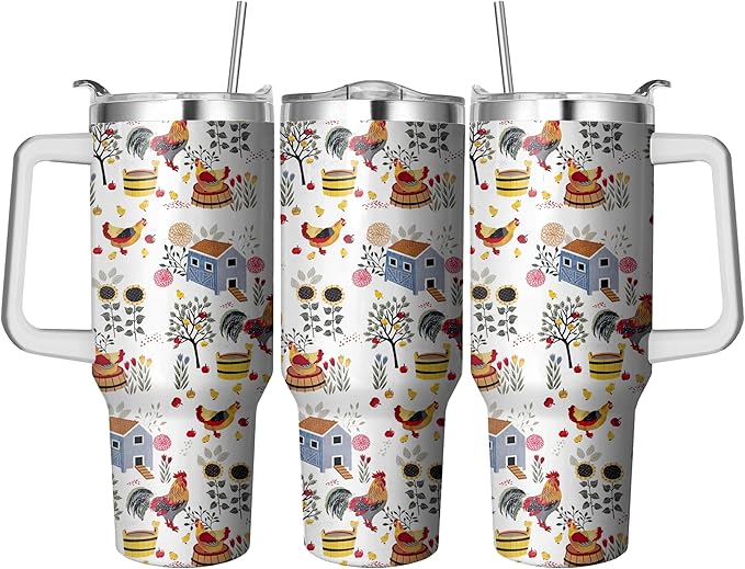 40 Oz Chicken Tumbler with Handle and Straw, Double Wall Stainless Steelchicken Mugs, Insulated Rooster Cup Gifts for Chicken Lovers Women, Chicken Travel Mug Chicken Gifts for Women