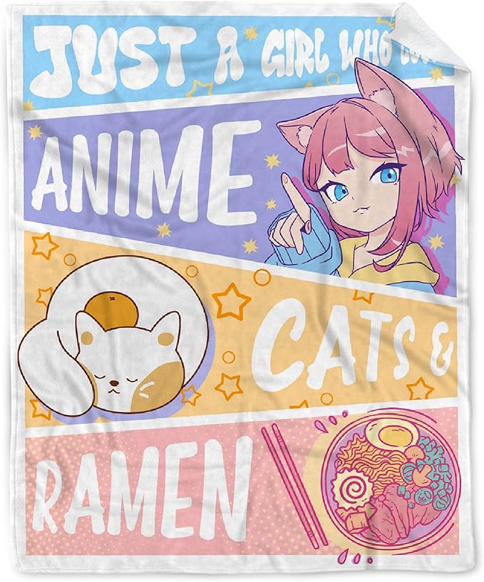 Anime Blanket Gifts for Girls Kawaii Anime Decor for Women Just A Girl Who Loves Anime Cats and Ramen Flannel Blanket Anime Lover Stuff, Luxurious Warm and Cozy for S 40X50 Inch for Kids/Child