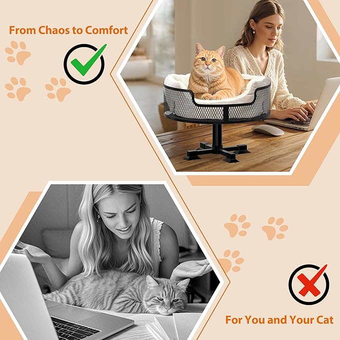 16" Cat Desk Bed, Heavy Duty Metal Desk Cat Bed with Removable Blanket, Cat Bed for Desk with Non-Slip Rubber Feet to Protect Desktop, Cat Bed Desk Up to 45LBs, Suitable for Small and Medium Cats/Dogs