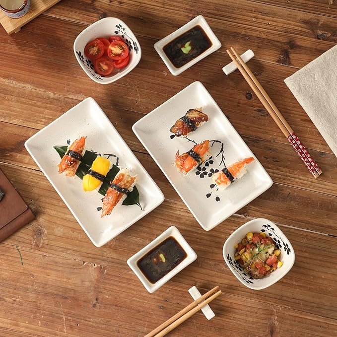 8 pcs Japanese Sushi Plate Sets Serving Platters and Trays for Entertaining Sushi Dishes Set Plates Sushi Plates Traditional Cuisine Dinnerware Sets with Chopsticks Floret