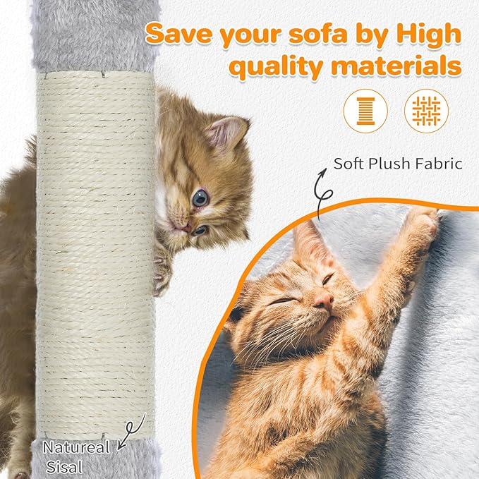 Made4Pets Cat Tree Tower 56in Cat Tower for Indoor Cats Kitten Tree Multi-Level Cat Tree with 2 Condo Furniture Activity Center with Scratching Posts Funny Toys Kittens Pet Play House, Light Grey
