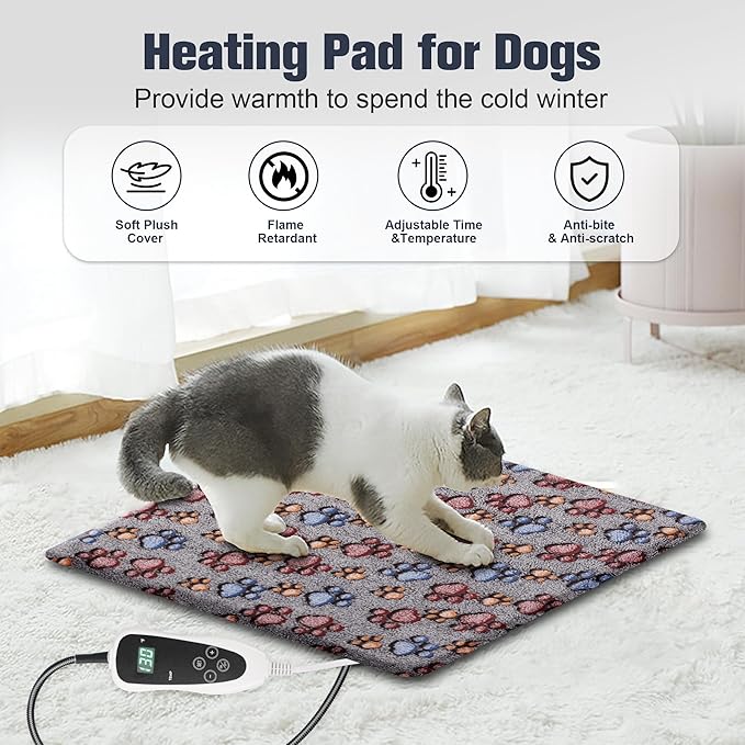 Cat Heating Pad, Waterproof Pet Heating Pad for Cat Dog Outdoor, 11 Adjustable Temperature Cat Warming Bed Mat with Timer, Indoor Heated Cat Bed with Chew Resistant Cord（S: 18'' L X 18W ''）