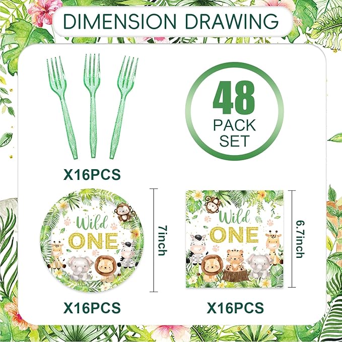 48Pcs Wild One Birthday Decorations Jungle Safari Theme Tableware Set Wild Animals Disposable Plates Napkins Forks Serves 16 Safari Baby Shower Decorations