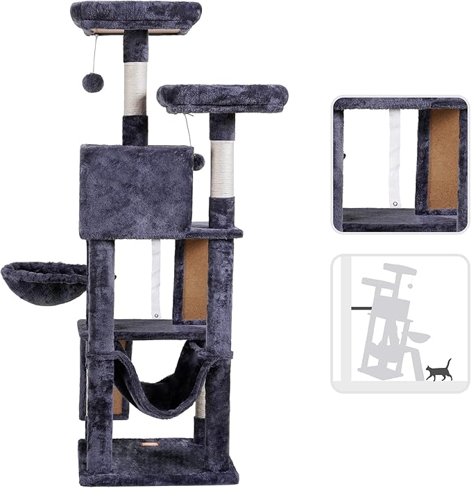 Heybly Cat Tree, Cat Tower for Indoor Cats,Multi-Level Cat Furniture Condo for Cats with Padded Plush Perch, Cozy Basket and Scratching Board Smoky Gray HCT014G