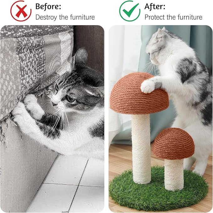 BNOSDM Mushroom Cat Scratcher with 2 Sisal Poles, Cat Scratching Post Pet Interactive Toy Scratch Post with 12 Pcs Cat Toys and Hanging Ball for Indoor Kitten Kitty Small Cats (Grey)