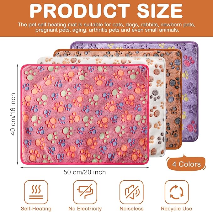 4 Pack Self Heating Cat Bed Cat Self Warming Pad with Removable Cover Extra Warm Thermal Pet Pad Washable Pet Crate Mat Anti Slip Kennel Pad for Indoor Outdoor Pets(Dog Paw,16 x 20 Inches)