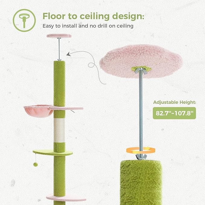 PETEPELA Floor to Ceiling Cat Tree, Cat Tower 5 Tiers Tall (83-108 Inches) Adjustable Height, Cat Climbing Tree Featuring with Cat Condo, Cat Scratching Post and Cat Perches for Indoor Cats, Pink