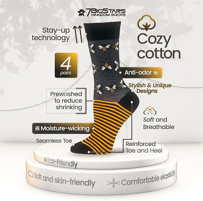 7BIGSTARS KINGDOM Womens Fun Cotton Crew Socks - 4 Pack L/M - Cactus Space Desert Coffee Fox Dog Hedgehog Puppy Flower Bird