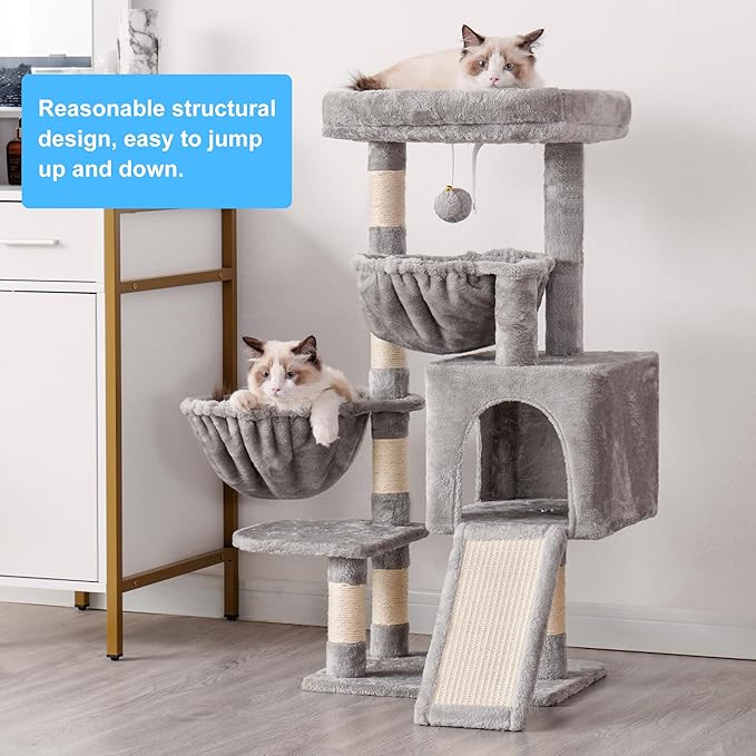 Hey-brother Cat Tree, Cat Tower for Indoor Cats, Cat House with Large Padded Bed, Cozy Condo, Hammocks, Sisal Scratching Posts, Big Scratcher, Light Gray MPJ006SW