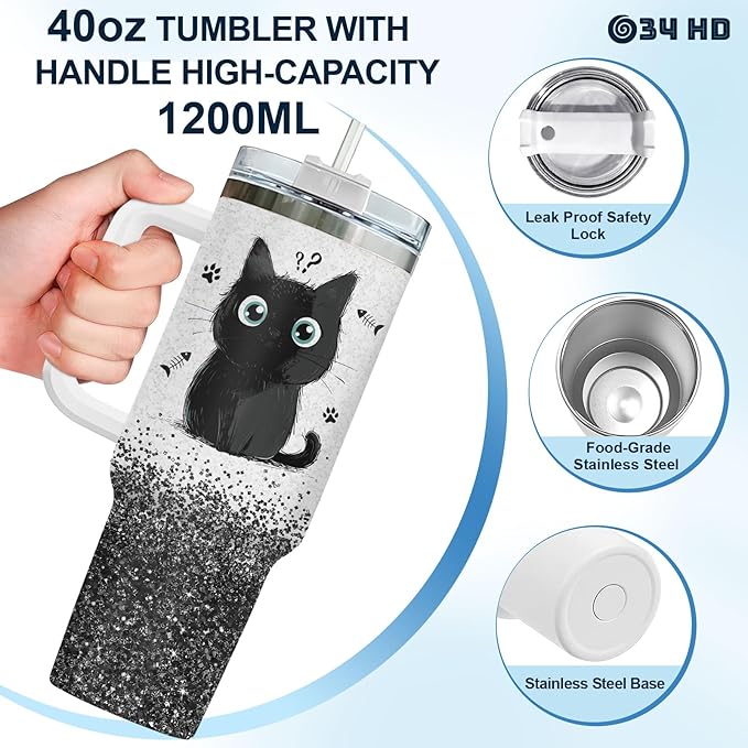 34HD Funny Black Cat Tumbler with Handle and Straw, 40oz Cute Furry Friend Travel Mug Stainless Steel, I Came I Saw Cup, Birthday Gifts for Cat Lovers Women Men