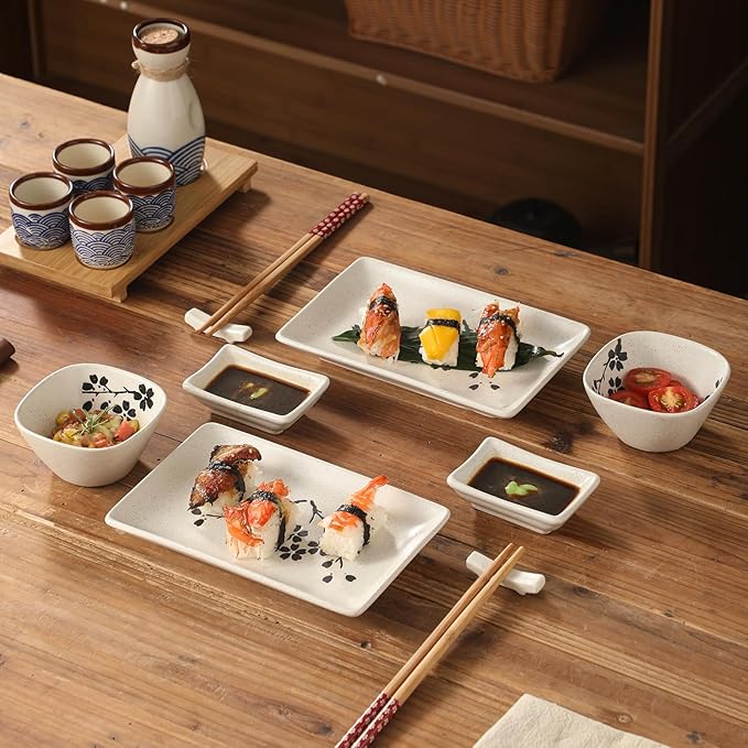 8 pcs Japanese Sushi Plate Sets Serving Platters and Trays for Entertaining Sushi Dishes Set Plates Sushi Plates Traditional Cuisine Dinnerware Sets with Chopsticks Floret