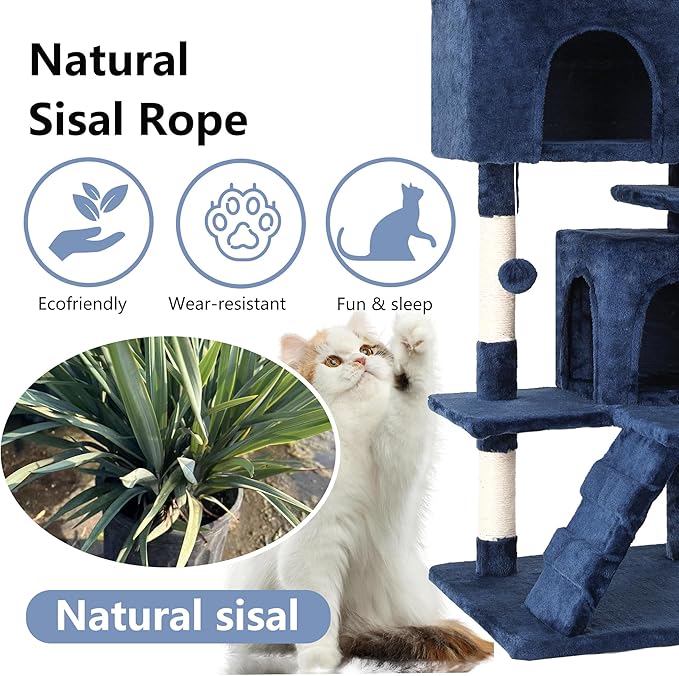FDW Cat Tree 54in Cat Tower Multi-Level Durable Cat Scratching Post & Cozy Fun Cat Jumping Platform Space Saving Cat Condo Pet Play House for Indoor Cats,Dark Blue