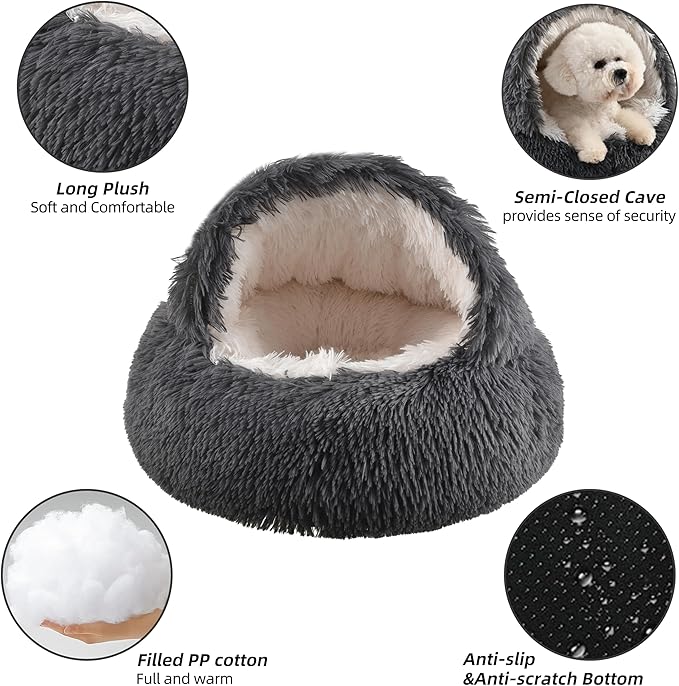 Cat Bed Round Plush Fluffy Hooded Calming Cat Bed Cave,Self Warming pet Bed with Non-collapsed Cover for Indoor Cats or Small Dogs,Washable,Anti-Slip Waterproof Bottom,24",Dark Grey