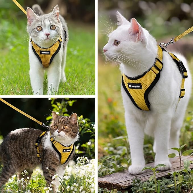 Dooradar Cat Harness and Leash Set, Escape Proof Safe Adjustable Kitten Vest Harnesses for Walking, Easy Control Soft Breathable Mesh Jacket with Reflective Strips for Cats, Yellow, S