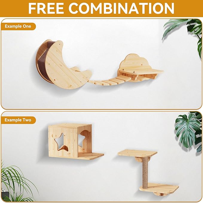 Cat Wall Shelves 7PCS Set for DIY Solid Wood Cat Star Houses & Condos Cat Perches Cat Scratching Post Cat Bridge for Kitty & Kitten Modern Cat Tree