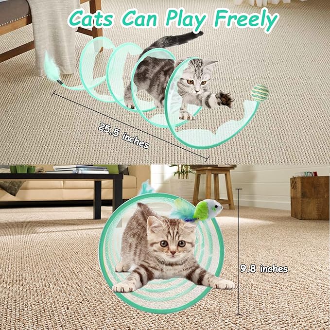 2 Packs Folded Cats Tunnel Spring Toy, Kitten for Indoor Cats Collapsible Cute Tunnel Foldable Pet Played Bed Interactive Toy with Feather Mouse Hemp Ball Green Elastic Tubes Attract Cat