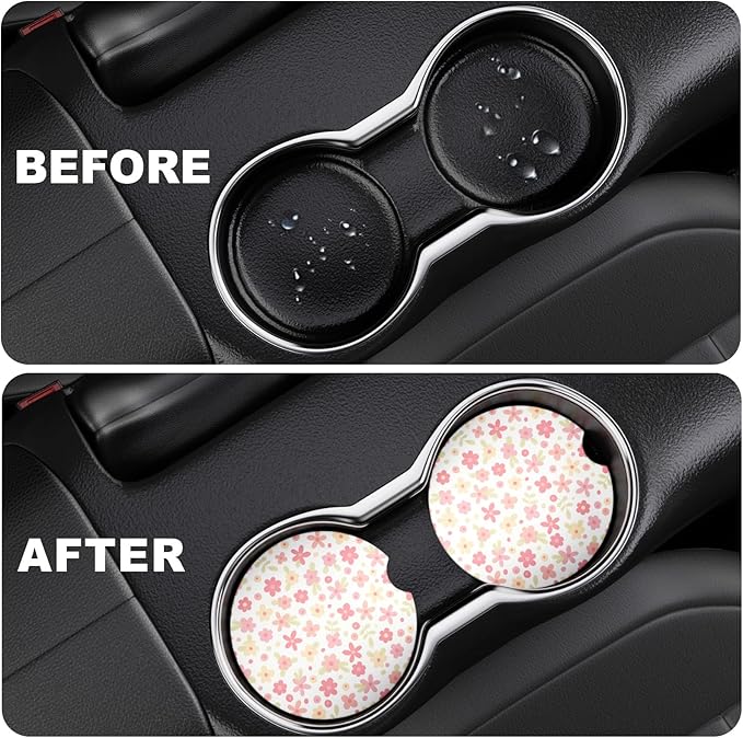 2 Pack Car Cup Holder Coaster, 2.63 inch Anti Slip Insert Absorbent Ceramic Car Coaster with Cork Base and Finger Notch, Cute Car Accessories Interior for Women, Cute Car Coasters.