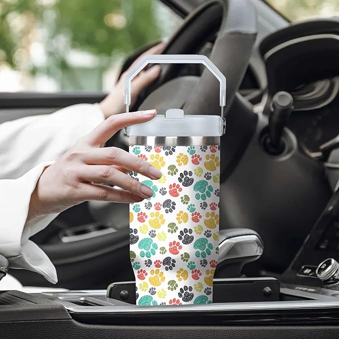 30 Oz Paw Print Tumbler with Handle and Straw, Insulated Paw Print Coffee Mug, Double Wall Stainless Steel Cat Paw Cup, Cat Mom Mug or Cat Dad Mug, 30 Oz Leak Proof Cat Paw Mug for Women Gifts
