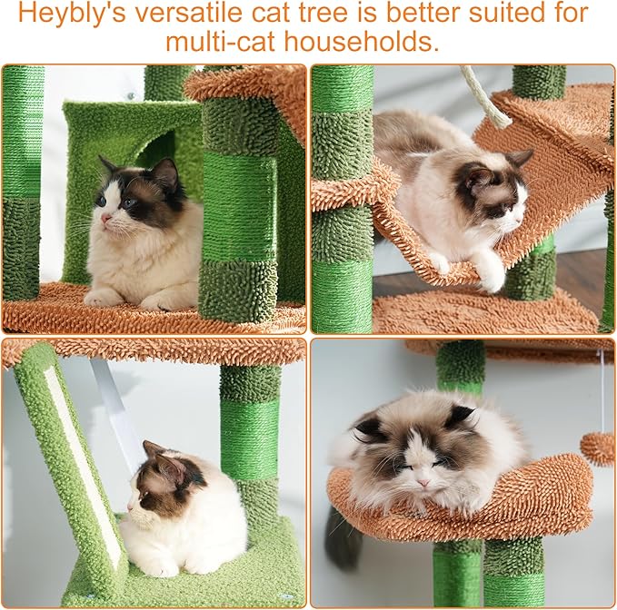 Heybly Cat Tree, 68 inch Multi-Level Cat Tower for Indoor Cats, 2 Widened Plush Perches Cat Condo with Scratching Board and Big Caves, HCT025CA