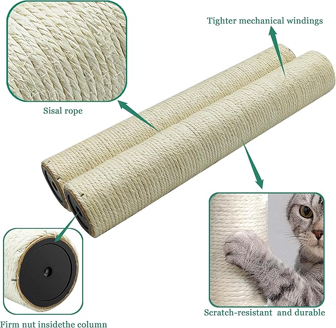 Cat Scratching Post Replacement Pole，2 PCS 15.7in Cat Tree Replacement Post，Natural Sisal Cat Tree Replacement Parts with M8 Screws，Cat Scratch Post Replacement for Refurbishment (15.7in/40cm)