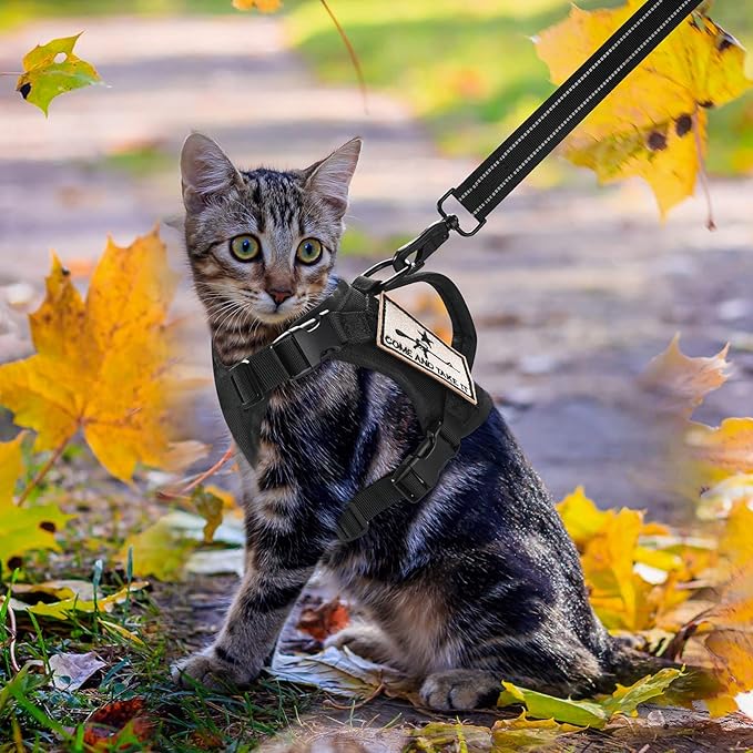 Tactical Cat Harness and Leash, Escape Proof Large Cat Walking Vest,Adjustable Soft Mesh Pet Vest Harness with Control Handle, Molle Patches Black