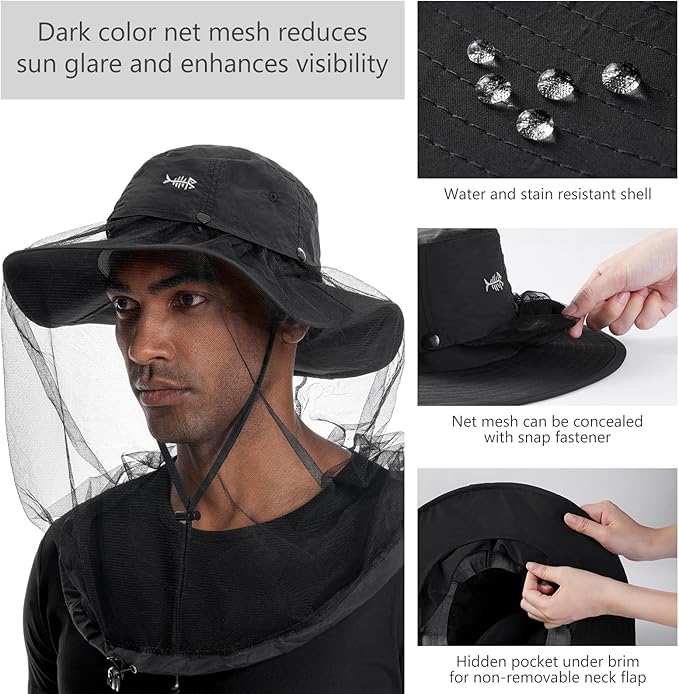 BASSDASH UPF 50+ Mosquito Sun Hat with Hidden Head Net and Neck Flap for Men Women Outdoor Fishing Hiking Camping FH16