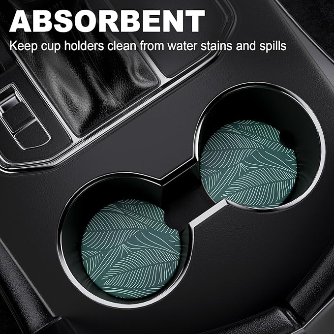 2 Pack Car Cup Holder Coasters, 2.63 inch Anti Slip Insert Absorbent Ceramic Coasters with Cork Base and Finger Notch, Cute Car Accessories Interior for Women
