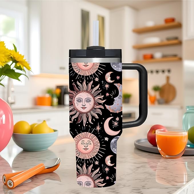 AMZUShome 40 OZ Goth Sun Moon Star Tumbler with Handle.Unique Birthday Christmas Gifts for Goth Lover.Personalized 40 OZ Goth Sun Moon Star Tumbler Gifts for Women Men.