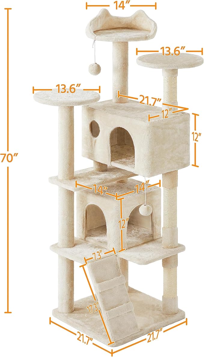Yaheetech 70in Multi-Level Cat Tree Tall Cat Tower Cat Furniture with Condo, Scratching Posts & Dangling Ball for Indoor Cats Activity Center, Beige