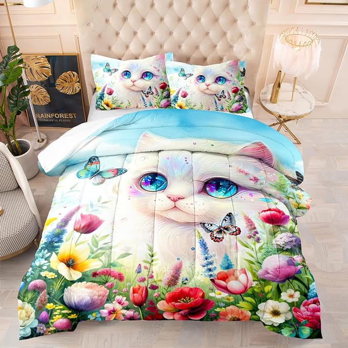 AILONEN Fairy Cat Kids Comforter Set Twin Size, Colorful Floral Butterfly Cartoon Kawaii Bedding Set for Girls, Fantasy Comforter with 2 Pillowcases, Beautiful Cat Duvet Set 3 Pieces