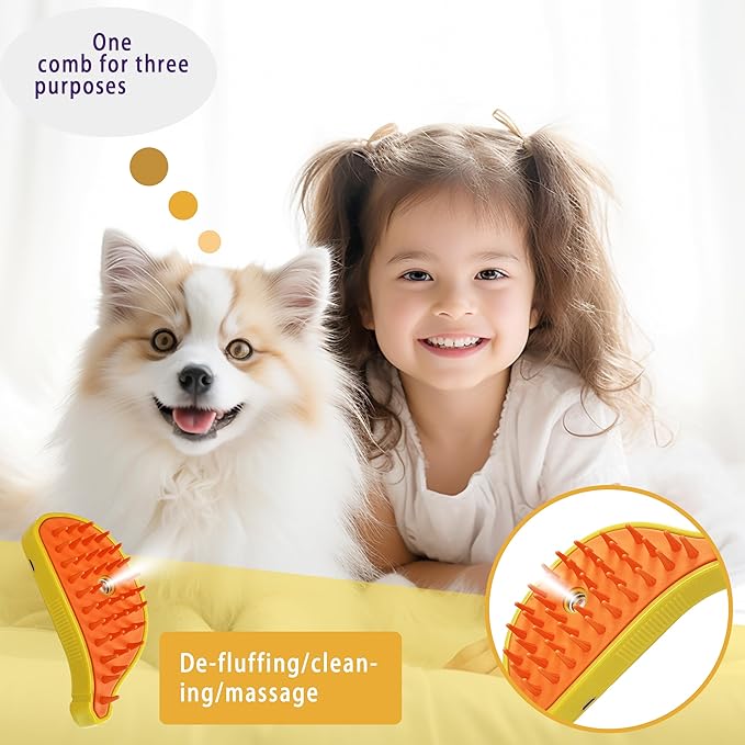 3 in 1 Self-Cleaning Steamer for Cats, Dogs, and Pets - Grooming Brush for Removing Tangled and Loose Fur (Yellow Banana)