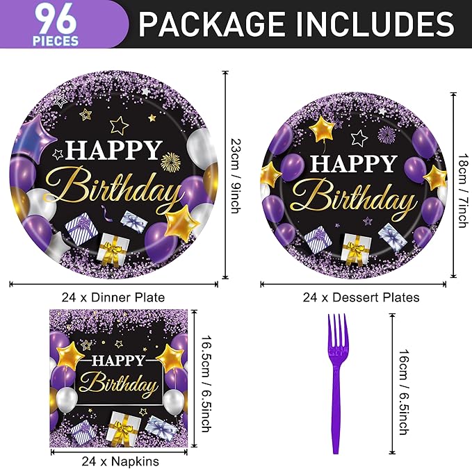 96 Pcs Purple Party Plates and Napkins Decorations Tableware Set Supplies Disposable Paper Dessert Birthday Table Dinnerware Favors Set, Serves 24 Guests