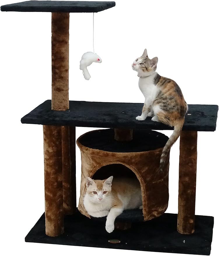 Go Pet Club Everyday Value 38in Cat Tree Kitty Scratcher Tower Kitten Condo House Furniture with Hanging Toy for Indoor Cats, Brown/Black