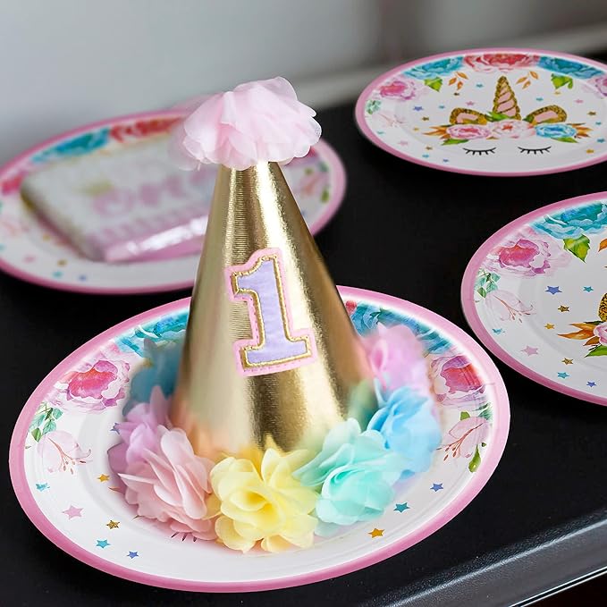 96 Pcs Birthday Party Plates Napkins Forks Supplies Tableware Set Disposable Table Horned Horse Theme Decoration for Girl Birthday Party or Baby Shower, Serves 24 Guests