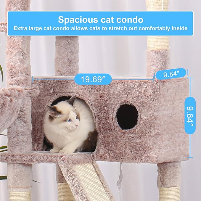 Hey-brother Cat Tree, 61 inch Cat Tower for Indoor Cats, Cat House with Padded Platform Bed, Toy Balls, Large Cozy Condo, Hammocks and Sisal Scratching Posts, Muchroom MPJ019MU