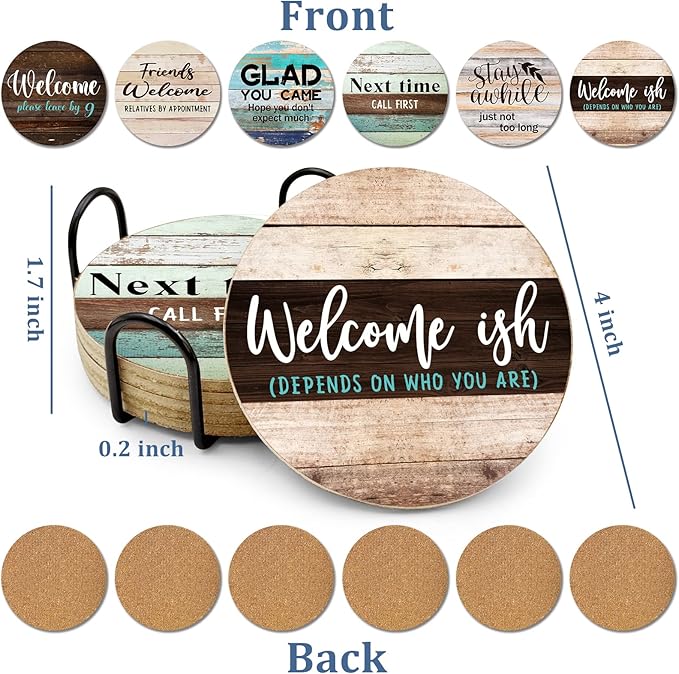 6 PCS Sarcastic Absorbent Cork Coasters for Drinks,Farmhouse Bar for Drinks with Holder,Funny Coasters to Protect Your Coffee Table,Gift for New Home Housewarming Bar Decor