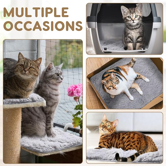 4 Pack Self Warming Cat Bed Pad Self Heating Cat Dog Mat with Fluffy Faux Fur Plush Cat Calming Bed Thermal Cat Mat Washable Pet Pad Anti Slip Bottom for Outdoor Indoor Pets(Grey,19 X 29)