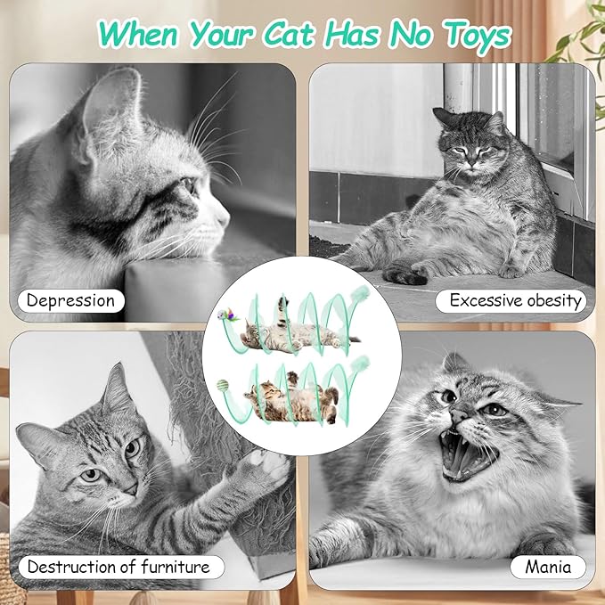 2 Packs Folded Cats Tunnel Spring Toy, Kitten for Indoor Cats Collapsible Cute Tunnel Foldable Pet Played Bed Interactive Toy with Feather Mouse Hemp Ball Green Elastic Tubes Attract Cat