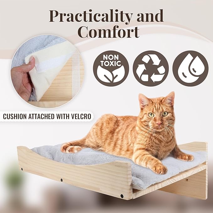 Cat Wall Shelves with Plush Perch - Easy Install - Cat Shelves for Wall Large Cats Set 3 in 1 - Perfect Furniture for cat Wall Climber - Includes Bed, Gym & Bridge