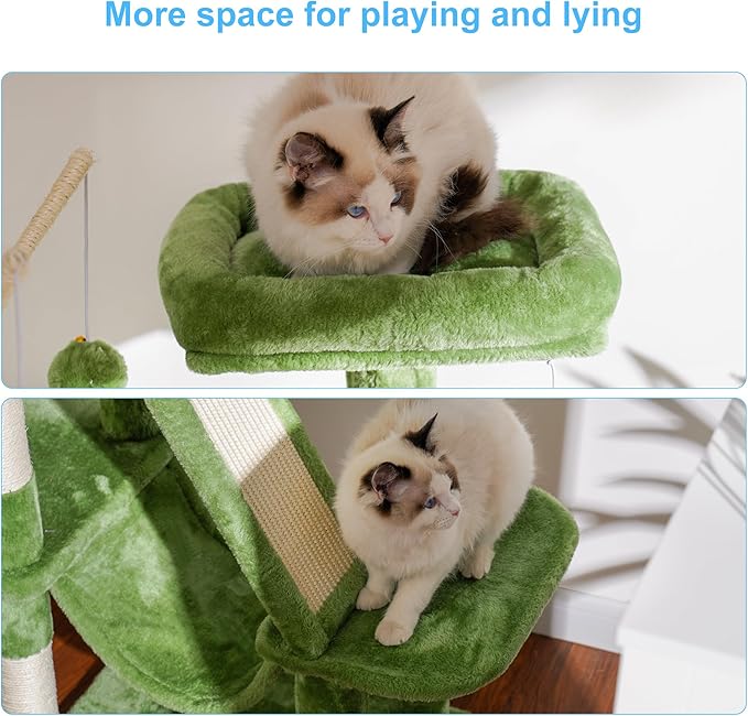Hey-brother Cat Tree, 61 inch Cat Tower for Indoor Cats, Cat House with Padded Platform Bed, Toy Balls, Large Cozy Condo, Hammocks and Sisal Scratching Posts, Green MPJ019GR