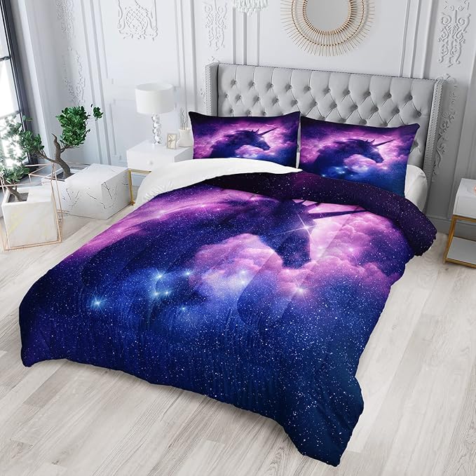 AILONEN Purple Space Unicorn Comforter Set, Superior Kids Bedding Set Full for Teen Girls and Boys,Bed-in-a-Bag Printed Galaxy Bed Sets,Microfiber,(1 Comforter 2 Pillowcases 3 Piece)