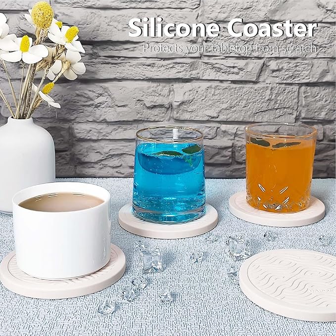 6-Pack Silicone Coasters with Deep Tray Holder - Double-Sided Drink Coasters - Beverage Mats for Hot or Cold Drinks - Thick, Non-Slip, Non-Stick Silicone with Ceramic Insert