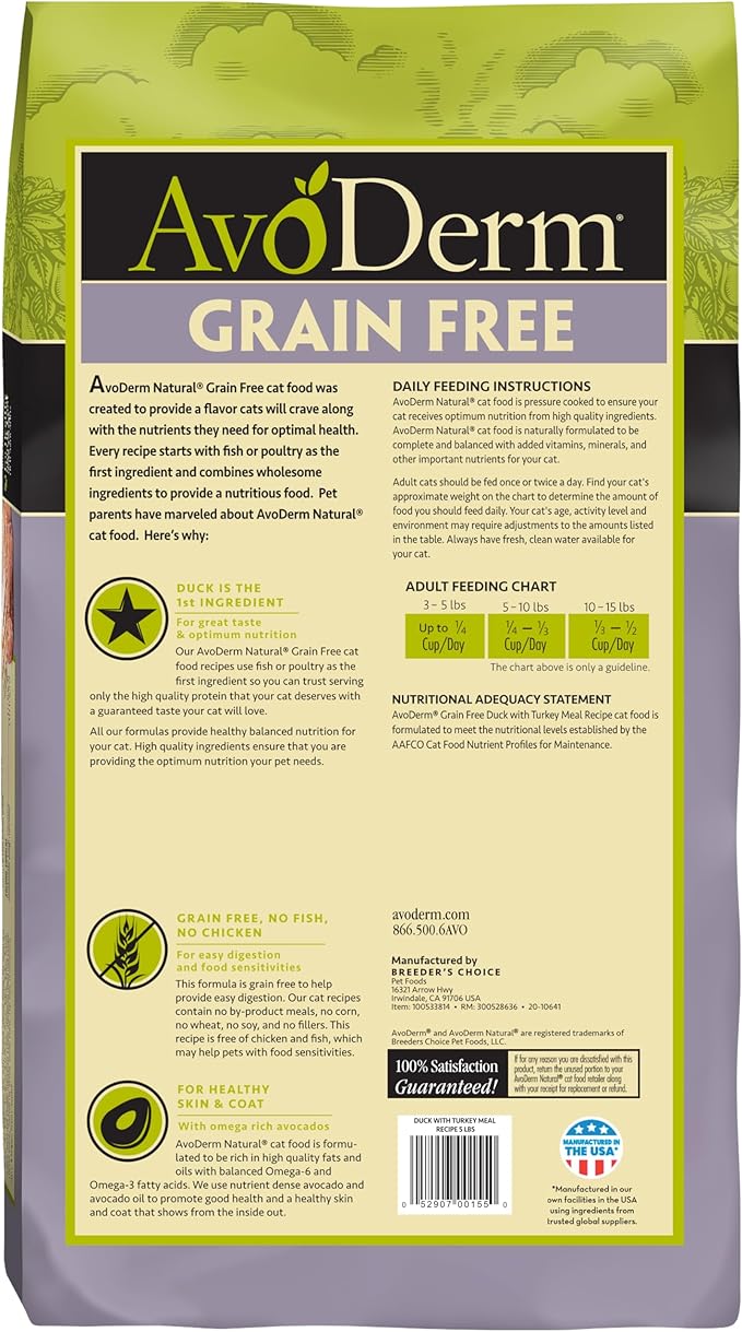 Avoderm Natural Grain-Free Dry Cat Food, All Life Stages Duck Recipe, 5 Lb Bag