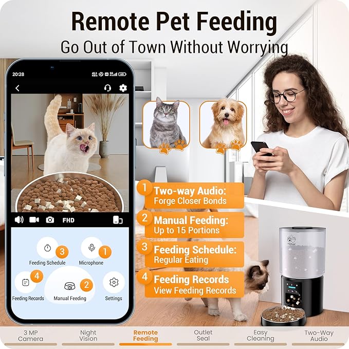 Automatic Cat Feeder with 2K HD Camera: 5G WiFi Automatic Dog Feeder with Sealed Outlet, 5L Large Cat Food Storage Container with Freshness for Multiple Pets,Detachable for Easy Clean-21 Cup