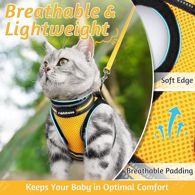 rabbitgoo Cat Harness and Leash Set for Walking Escape Proof, Adjustable Soft Kittens Vest with Reflective Strip for Cats, Comfortable Outdoor Vest, Lemon Yellow, M