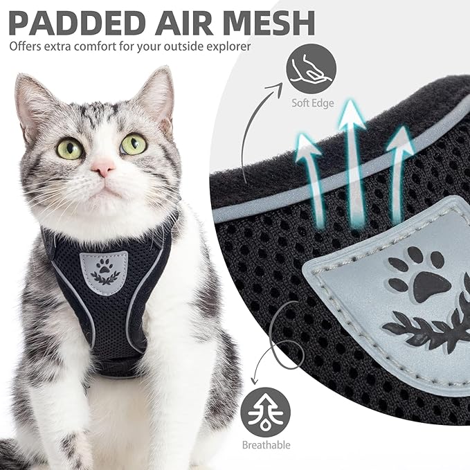 PUPTECK Cat Harness and Leash Set Escape Proof Reflective Cat Walking Harness Adjustable Soft Breathable Mesh Vest for Small Pets, Black, S