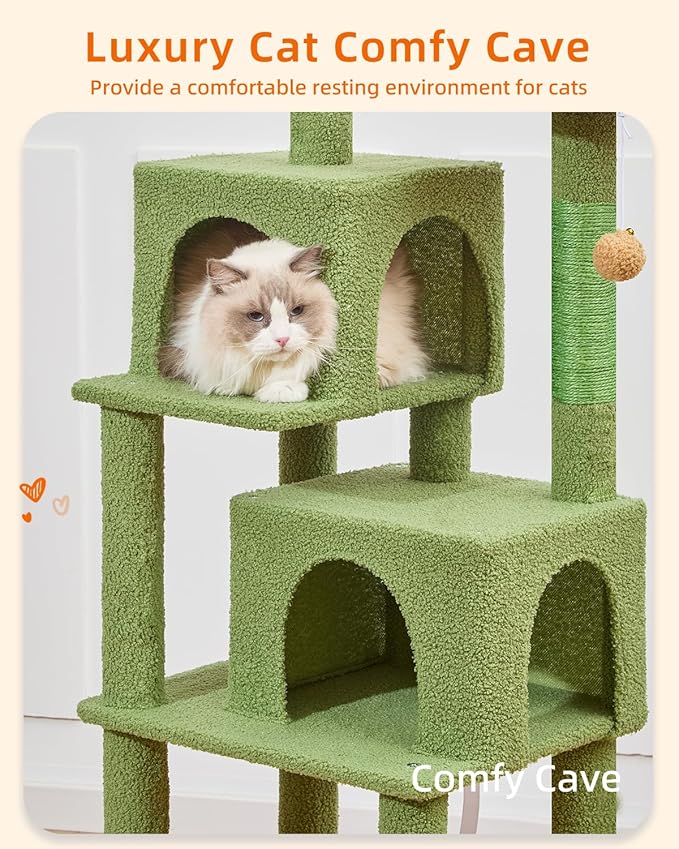 Taoqimiao Cat Tree, 61-Inch Cat Tower for Indoor Cats, Plush Multi-Level Cat Condo with 5 Scratching Posts, 2 Perches, 2 Caves, Hammock, 2 Pompoms, MS013ST Cactus